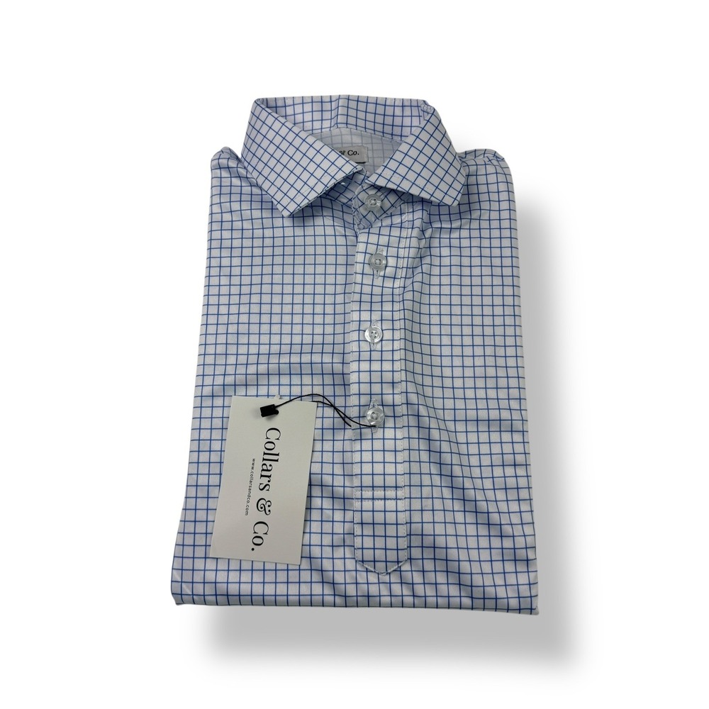 Collars & Co. Men's Small Blue Plaid Dress Collar Polo Shirt Polyester‎ NWT